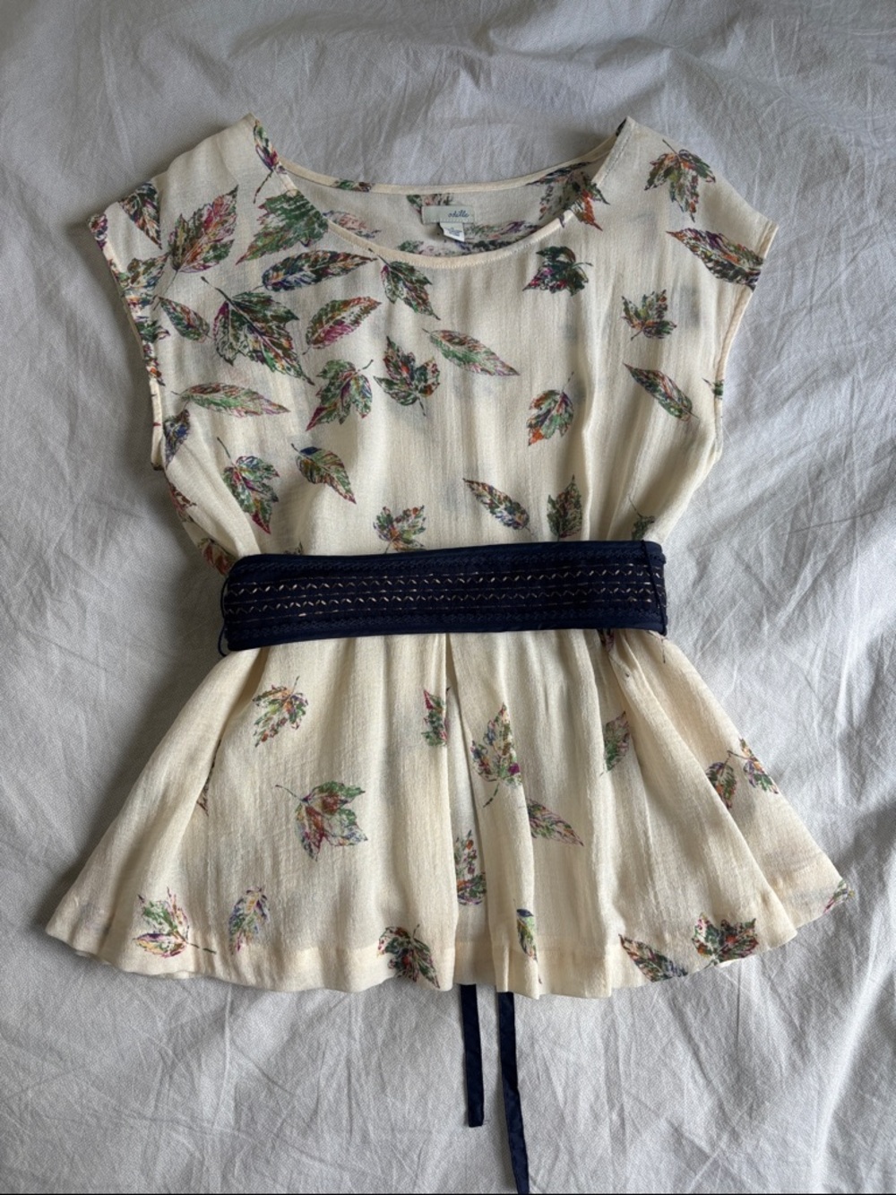 Odille Cream Peplum Floral Blouse with Navy Tie Sash